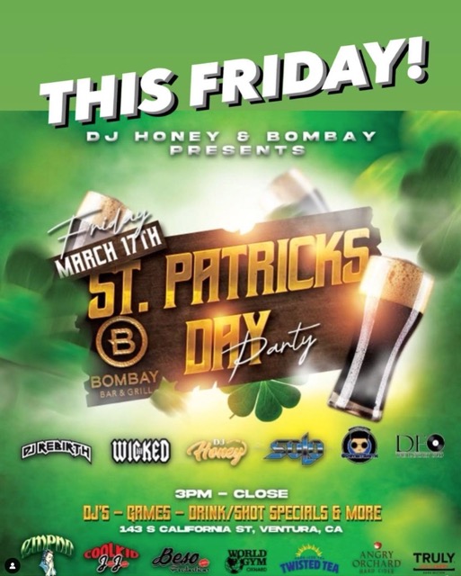 How to Celebrate St. Patrick's Day in Ventura Flyer for St. Patricks Day Party at Bombay Bar
